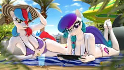 Size: 1920x1080 | Tagged: suggestive, artist:anthroponiessfm, derpibooru import, oc, oc:audina puzzle, oc:aurora starling, anthro, plantigrade anthro, 3d, anthro oc, barefoot, beach, beach hat, bikini, braid, breasts, candy, cleavage, clothes, duo, duo female, feet, female, food, glasses, heterochromia, image, lollipop, looking at you, png, relaxing, sexy, source filmmaker, swimsuit