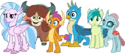 Size: 1679x722 | Tagged: safe, derpibooru import, editor:pascalmulokozi2, gallus, ocellus, sandbar, silverstream, smolder, yona, changedling, changeling, classical hippogriff, dragon, earth pony, gryphon, hippogriff, yak, g4, dragoness, female, image, male, png, simple background, student six, transparent background