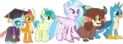 Size: 1708x620 | Tagged: safe, derpibooru import, editor:pascalmulokozi2, gallus, ocellus, sandbar, silverstream, smolder, yona, changedling, changeling, classical hippogriff, dragon, earth pony, gryphon, hippogriff, yak, g4, dragoness, female, image, male, png, simple background, student six, transparent background