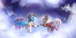 Size: 4000x1993 | Tagged: safe, artist:mirroredsea, derpibooru import, oc, oc:andrew swiftwing, oc:jinx kurai, oc:swift sail, unofficial characters only, crystal pony, kirin, pegasus, bowtie, clothes, cloud, cloven hooves, dress, female, horn, image, jewelry, kirin oc, male, pegasus oc, png, romantic, scales, shipping, smiling, space, spread wings, stars, suit, wings