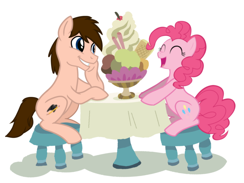 Size: 1024x768 | Tagged: safe, derpibooru import, pinkie pie, oc, oc:braden, earth pony, canon x oc, date, dessert, duo, female, image, png, simple background, sitting, table, transparent background