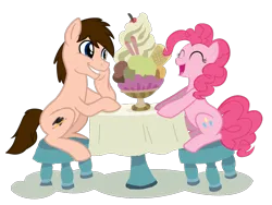 Size: 1024x768 | Tagged: safe, derpibooru import, pinkie pie, oc, oc:braden, earth pony, canon x oc, date, dessert, duo, female, image, png, simple background, sitting, table, transparent background