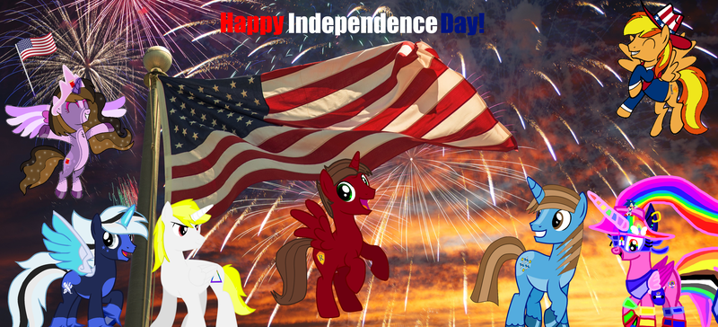 Size: 5472x2487 | Tagged: safe, artist:rogan140, derpibooru import, oc, oc:firey ratchet, oc:ghostpony, oc:miguel, oc:princess kincade, oc:rainbow sparkle, oc:rogan, oc:sharp stars, unofficial characters only, american independence day, female, image, independence day, male, png