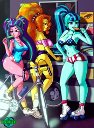 Size: 1845x2500 | Tagged: suggestive, artist:joruze, derpibooru import, adagio dazzle, aria blaze, sonata dusk, human, equestria girls, g4, adagio dat-azzle, american flag bikini, ass, bicycle, breasts, busty adagio dazzle, busty aria blaze, busty sonata dusk, butt, cleavage, clothes, daisy dukes, erect nipples, female, food, ice cream truck, image, jpeg, nipple outline, pigtails, ponytail, popsicle, roller skates, shorts, sideboob, skates, swimsuit, the dazzlings, twintails, underboob