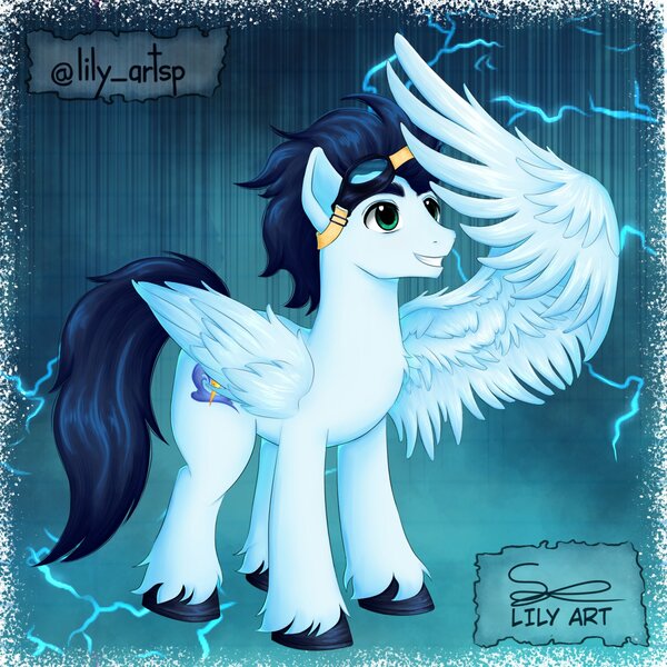 Size: 1580x1580 | Tagged: safe, artist:liliart1211, derpibooru import, soarin', pegasus, pony, g4, blue mane, digital art, digital painting, fanart, goggles, green eyes, image, jpeg, pegasus wings, smiling, solo, spread wings, wings