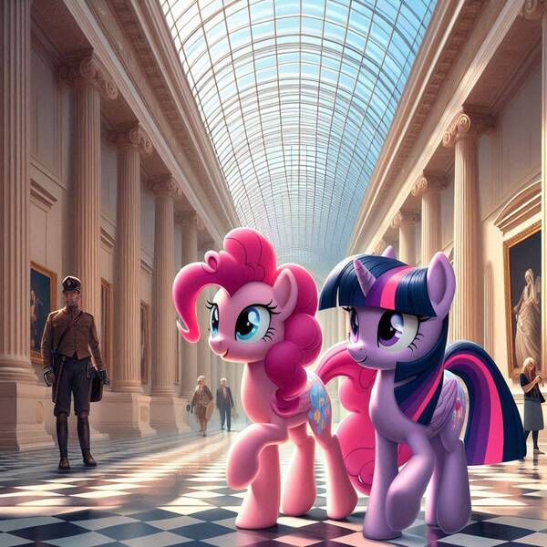 Size: 1024x1024 | Tagged: safe, ai content, derpibooru import, machine learning generated, pinkie pie, twilight sparkle, twilight sparkle (alicorn), alicorn, earth pony, g4, duo, duo female, female, image, jpeg, museum