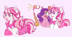 Size: 1200x619 | Tagged: safe, artist:lemoocado, derpibooru import, pipp petals, horse, pegasus, pony, g5, bowtie, candi (wild manes), crossover, diadem, duo, duo female, female, hair over one eye, hoof hold, image, jewelry, jpeg, mare, mobile phone, open mouth, open smile, phone, pink background, regalia, selfie, selfie stick, signature, simple background, smartphone, smiling, tail, taking a photo, wild manes