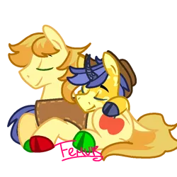 Size: 768x768 | Tagged: safe, artist:box-of-ideas, artist:femurthechangeling, derpibooru import, braeburn, comet tail, earth pony, pony, unicorn, base used, braeburn's hat, clothes, cloven hooves, colored hooves, cuddling, g5 horn, gay, hat, hooves, horn, image, male, multicolored hooves, png, rarepair, ship:cometburn, signature, simple background, sleeping, snuggling, transparent background, vest