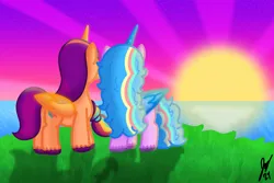 Size: 1800x1200 | Tagged: safe, artist:jesslmc16, derpibooru import, izzy moonbow, sunny starscout, alicorn, g5, alicornified, alternate universe, cliff, duo, duo female, female, grass, horn, image, izzy rainbow, lesbian, mane stripe sunny, ocean, png, race swap, reflection, ship:moonscout, shipping, signature, sunset, water, wings