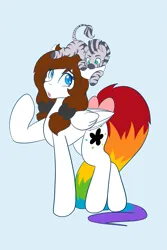 Size: 1365x2048 | Tagged: safe, artist:mscolorsplash, derpibooru import, oc, oc:color splash, unofficial characters only, pegasus, pony, zebra, biting, bow, colored pupils, commission, duo, ear bite, female, foal, hair bow, image, light blue background, looking back, mare, pigtails, png, rainbow tail, simple background, tail, tail bow, twintails, zebra oc