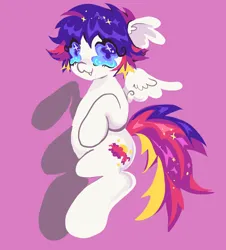 Size: 2048x2265 | Tagged: safe, artist:larvaecandy, derpibooru import, oc, oc:sunset swirl, unofficial characters only, pegasus, pony, :3, art fight, artfight, big hooves, blue pupils, blue sclera, colored pinnae, colored pupils, ear fluff, eye clipping through hair, eyelashes, fangs, floppy ears, flying, gift art, high res, image, lineless, long tail, looking back, multicolored mane, multicolored sclera, multicolored tail, pegasus oc, png, ponysona, purple background, purple eyes, purple sclera, rearing, short mane, simple background, small wings, smiling, solo, sparkly eyes, spiky mane, spiky tail, spread wings, tail, unusual pupils, wingding eyes, wings