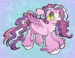 Size: 2048x1587 | Tagged: safe, artist:larvaecandy, derpibooru import, oc, oc:sweet dreams, unofficial characters only, pegasus, pony, :3, abstract background, art fight, artfight, beanbrows, big hooves, blush lines, blushing, chest fluff, colored hooves, colored muzzle, colored sclera, colored wings, colored wingtips, ear fluff, eyebrows, female, floppy ears, folded wings, forehead jewelry, freckles, gift art, green eyes, heart, heart mark, hooves, image, large wings, long eyelashes, long mane, long tail, mare, mare oc, multicolored mane, multicolored tail, no pupils, open mouth, open smile, pegasus oc, png, purple coat, purple wingtips, smiling, sparkly eyes, sparkly mane, sparkly tail, standing, tail, three toned mane, three toned tail, tri-color mane, tri-color tail, tri-colored mane, tri-colored tail, tricolor mane, tricolor tail, tricolored mane, tricolored tail, two toned wings, unshorn fetlocks, wavy mane, wavy tail, white hooves, wingding eyes, winged hooves, wings, yellow sclera