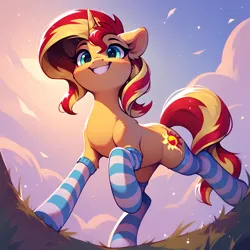 Size: 2048x2048 | Tagged: safe, ai content, anonymous prompter, derpibooru import, machine learning generated, stable diffusion, sunset shimmer, pony, unicorn, clothes, female, generator:pony diffusion v6 xl, horn, image, mare, png, smiling, socks, solo, striped socks