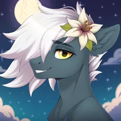 Size: 2000x2000 | Tagged: safe, artist:ynery, derpibooru import, oc, oc:tempest streamrider, pegasus, pony, bust, commission, cute, ear fluff, flower, image, looking at you, male, moon, night, png, portrait, smiling, solo, solo male, stallion