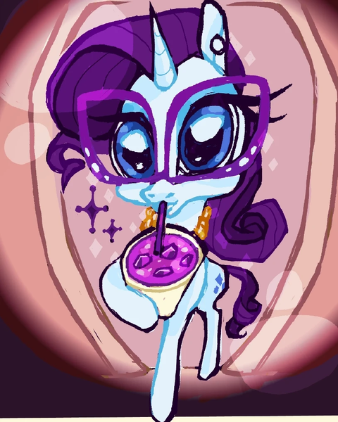 Size: 815x1019 | Tagged: safe, artist:regenko, derpibooru import, rarity, pony, unicorn, g4, cup, ear piercing, glasses, horn, image, jewelry, lean, necklace, piercing, png, solo, straw, straw in mouth