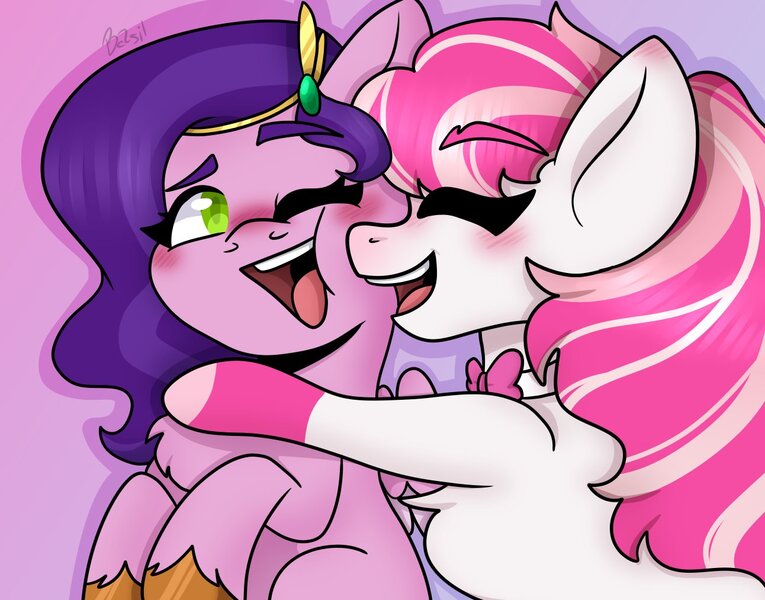 Size: 1292x1013 | Tagged: safe, artist:basil, derpibooru import, pipp petals, horse, pegasus, pony, g5, blushing, bowtie, candi (wild manes), chest fluff, crossover, diadem, duo, duo female, eyes closed, female, gradient background, hug, image, jewelry, jpeg, mare, one eye closed, open mouth, open smile, regalia, signature, smiling, unshorn fetlocks, wild manes