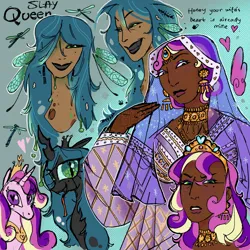 Size: 2048x2048 | Tagged: safe, artist:regenko, derpibooru import, princess cadance, queen chrysalis, alicorn, changeling, changeling queen, dragonfly, human, insect, g4, cadalis, dark skin, duo, duo female, female, gradient background, heart, heart eyes, humanized, image, infidelity, jpeg, lesbian, shipping, tan skin, wingding eyes