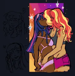 Size: 1764x1772 | Tagged: suggestive, artist:regenko, derpibooru import, sunset shimmer, twilight sparkle, human, equestria girls, g4, bra, butt touch, clothes, dark skin, duo, female, image, jpeg, kissing, lesbian, shipping, sunsetsparkle, tan skin, underwear