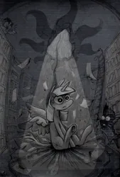 Size: 1335x1975 | Tagged: safe, artist:regenko, derpibooru import, owlowiscious, spike, twilight sparkle, twilight sparkle (alicorn), alicorn, bird, dragon, owl, pony, g4, book, bookshelf, grayscale, image, jpeg, ladder, library, monochrome, trio