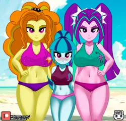 Size: 900x859 | Tagged: suggestive, alternate version, artist:minusclass, derpibooru import, adagio dazzle, aria blaze, sonata dusk, human, siren, equestria girls, g4, alternate character, bangs, beach, belly, belly button, bikini, bikini bottom, bikini top, blushing, breasts, busty adagio dazzle, busty aria blaze, busty sonata dusk, cleavage, clothes, cloud, concave belly, curly hair, cutie mark, cutie mark on clothes, day, eyeshadow, female, hairband, hand on hip, height difference, image, jpeg, larger female, legs, looking at you, makeup, midriff, outdoors, patreon, patreon logo, pigtails, ponytail, sand, sexy, siblings, sisters, size difference, sky, smaller female, smiling, smiling at you, sonatiny, stupid sexy sonata dusk, swimsuit, the dazzlings, trio, trio female, twintails