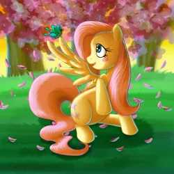 Size: 2550x2550 | Tagged: safe, artist:kcday, derpibooru import, fluttershy, butterfly, insect, pegasus, pony, g4, blush sticker, blushing, female, forest, grass, high res, image, jpeg, looking at something, mare, nature, one wing out, open mouth, open smile, outdoors, raised hoof, smiling, solo, tail, tree, wings