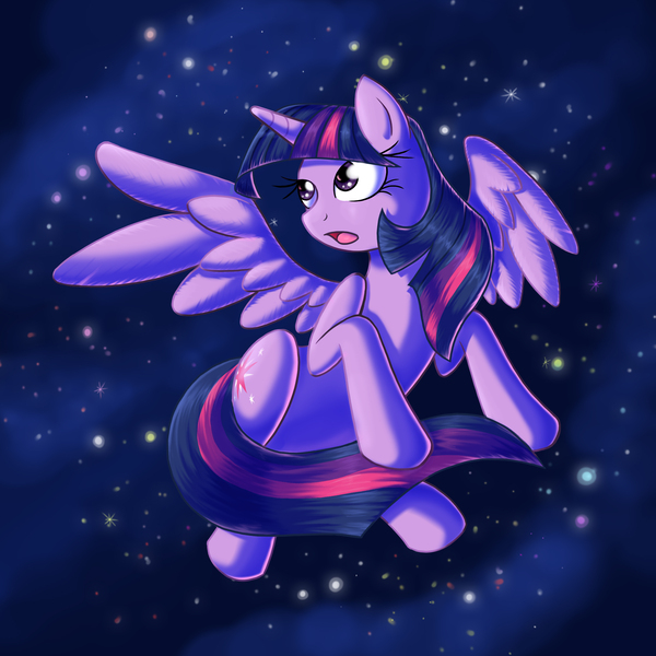 Size: 2550x2550 | Tagged: safe, artist:kcday, derpibooru import, twilight sparkle, twilight sparkle (alicorn), alicorn, pony, g4, female, high res, horn, image, jpeg, mare, night, night sky, open mouth, sky, solo, spread wings, stars, tail, wings