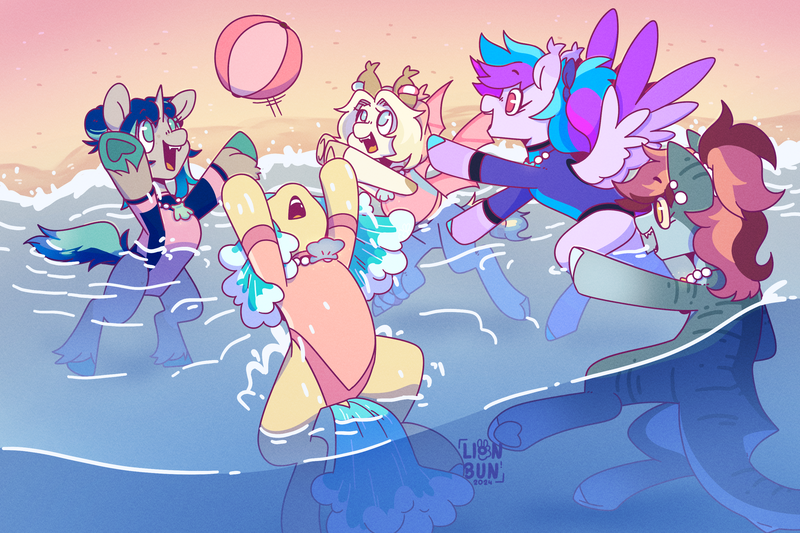 Size: 3000x2000 | Tagged: safe, artist:lionbun, derpibooru import, oc, oc:crimson cove, oc:marina, oc:sea breeze, oc:sea spray, oc:seafoam bay, unofficial characters only, bat pony, original species, pegasus, pony, shark, shark pony, unicorn, artfight, bat pony oc, bat wings, beach ball, beach day, beack, female, friends, friendship, group, horn, image, mare, ocean, pegasus oc, png, shark pony oc, swimming, unicorn oc, water, wet, wholesome, wings