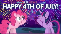 Size: 3840x2160 | Tagged: safe, artist:zslnews, derpibooru import, pinkie pie, twilight sparkle, twilight sparkle (alicorn), alicorn, g4, 4th of july, american independence day, duo, duo female, eyes closed, female, fireworks, holiday, hoof in air, image, independence day, jpeg