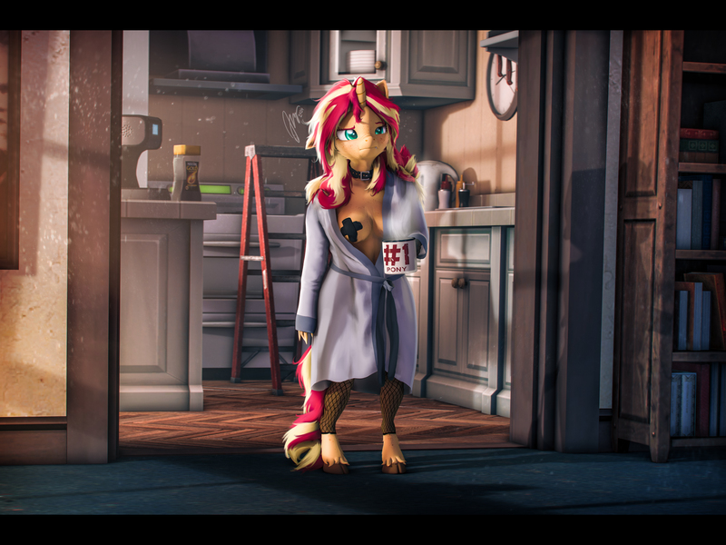 Size: 7200x5400 | Tagged: questionable, artist:imafutureguitarhero, derpibooru import, part of a set, sunset shimmer, anthro, classical unicorn, pony, unguligrade anthro, unicorn, series:shortstack problems, #1, 3d, bags under eyes, black bars, boob freckles, bookshelf, breast fluff, breasts, carpet, cheek fluff, chest fluff, chest freckles, chromatic aberration, claws, cleavage, cleavage fluff, clock, clothes, cloven hooves, coffee, coffee machine, coffee mug, collar, colored eyebrows, colored eyelashes, condiments, crepuscular rays, cupboard, cute, doorway, dust, ear fluff, ear freckles, emanata, exposed breasts, eyebrows, fangs, female, film grain, fishnet clothing, fishnet gloves, fishnets, floppy ears, fluffy, fluffy hair, fluffy mane, fluffy tail, food, freckles, fur, gloves, hoof fluff, horn, image, jpeg, ketchup, kettle, kitchen, knife, ladder, leonine tail, letterboxing, light rays, long hair, long mane, mare, morning, morning ponies, mug, multicolored hair, multicolored mane, mustard, neck fluff, nipple tape, nudity, oven, oversized clothes, painting, paintover, partial nudity, pasties, peeling, pepper shaker, peppered bacon, raised eyebrow, refrigerator, revamped anthros, revamped ponies, robe, salt and pepper shakers, salt shaker, sauce, scruffy, shelf, short, shortstack, signature, sleepy, snaggletooth, socks, solo, source filmmaker, steam, stepladder, stockings, sunset shimmer is not amused, tail, thigh highs, tired, unamused, unshorn fetlocks, wall of tags, wooden floor