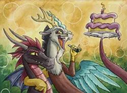 Size: 4446x3274 | Tagged: safe, artist:the-wizard-of-art, derpibooru import, discord, oc, draconequus, dragon, g4, birthday cake, cake, dragon oc, duo, duo male, food, high res, horns, hug, image, jpeg, male, non-pony oc, open mouth, traditional art, watercolor painting, wings