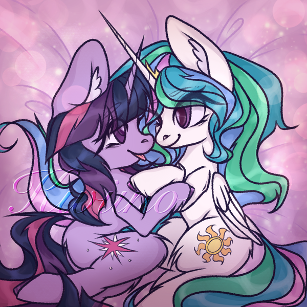 Size: 2048x2048 | Tagged: safe, artist:1111kwiinoooooo48, artist:海葵爆改海盐鸟, derpibooru import, princess celestia, twilight sparkle, alicorn, pony, unicorn, g4, :p, boop, crown, duo, duo female, ear fluff, eye clipping through hair, eye contact, eyebrows, eyebrows visible through hair, female, folded wings, high res, horn, horns are touching, image, jewelry, lesbian, long horn, looking at each other, looking at someone, mare, noseboop, png, regalia, ship:twilestia, shipping, smiling, smiling at each other, tail, tongue out, unicorn twilight, wings