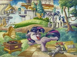 Size: 6839x5052 | Tagged: safe, artist:the-wizard-of-art, derpibooru import, shining armor, smarty pants, twilight sparkle, twilight velvet, pony, unicorn, g4, absurd resolution, adorkable, blank flank, book, canterlot, cute, dancing, do the sparkle, dork, eyes closed, female, filly, filly twilight sparkle, foal, frown, horn, image, jpeg, looking at someone, male, mare, music, open mouth, open smile, outdoors, phonograph, picnic blanket, raised hoof, raised leg, smiling, standing on two hooves, tail, tongue out, traditional art, tree, trio, twiabetes, unicorn twilight, unshorn fetlocks, watercolor painting, younger