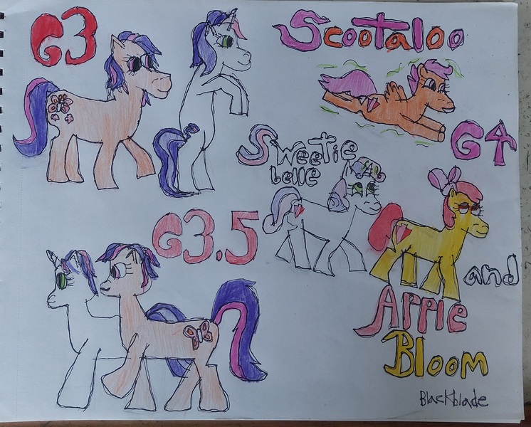 Size: 3105x2498 | Tagged: safe, artist:blackblade360, derpibooru import, apple bloom, scootaloo, scootaloo (g3), sweetie belle, sweetie belle (g3), earth pony, pegasus, pony, unicorn, g3, g4, bow, colored pencil drawing, cutie mark crusaders, evolution, female, filly, foal, g3.5, generation leap, glow, glowing horn, green eyes, green glow, hair bow, horn, image, irl, jpeg, lifting, looking up, magic, mare, multiple characters, open mouth, orange coat, orange eyes, paper, photo, purple eyes, purple mane, raised leg, rearing, red mane, red tail, signature, simple background, smiling, spread wings, tail, telekinesis, title card, traditional art, two toned mane, two toned tail, white background, white coat, wings, yellow coat