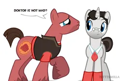 Size: 1875x1250 | Tagged: safe, artist:zeffdakilla, derpibooru import, ponified, earth pony, pony, unicorn, crossover, duo, duo male, heavy weapons guy, horn, image, looking at each other, looking at someone, male, medic (tf2), pleading, png, raised hoof, sad, simple background, stallion, standing, team fortress 2, white background