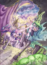 Size: 5042x6937 | Tagged: safe, artist:the-wizard-of-art, derpibooru import, queen chrysalis, twilight sparkle, changeling, changeling queen, pony, unicorn, g4, absurd resolution, crescent moon, duo, duo female, fangs, female, glow, glowing horn, horn, image, jpeg, magic, magic aura, mare, moon, open mouth, traditional art, unicorn twilight, unshorn fetlocks, watercolor painting