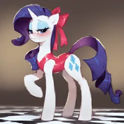 Size: 1632x1632 | Tagged: safe, ai content, derpibooru import, machine learning generated, prompter:buttonfixer, stable diffusion, rarity, pony, unicorn, g4, 30 minute art challenge, blushing, bow, clothes, cute, dance floor, female, hair bow, horn, image, leotard, lidded eyes, looking at you, png, raised leg, red leotard, seductive, shy, solo, solo female, standing, tight clothing