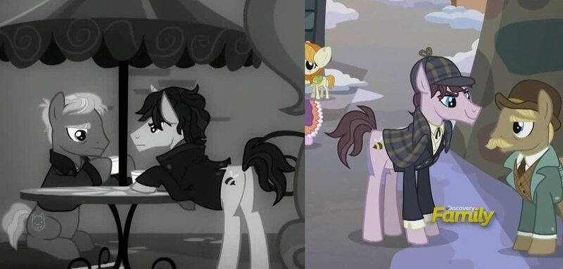 Size: 1056x506 | Tagged: safe, derpibooru import, screencap, earth pony, pony, unicorn, a hearth's warming tail, g4, rarity investigates, detective, discovery family, discovery family logo, horn, image, john watson, jpeg, logo, male, sherlock, sherlock holmes, stallion, watson