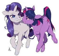 Size: 1684x1579 | Tagged: safe, artist:cheekyposelenets, derpibooru import, rarity, twilight sparkle, pony, unicorn, g4, 2022, cutie mark, duo, duo female, female, horn, image, jpeg, looking at each other, looking at someone, mare, shiny eyes, shiny hooves, simple background, smiling, unicorn twilight, unshorn fetlocks, white background