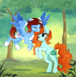 Size: 1773x1800 | Tagged: safe, artist:thenornonthego, derpibooru import, oc, oc:crann taca, oc:itsey bitsey, unofficial characters only, pegasus, pony, unicorn, duo, eyes closed, flying, forehead kiss, forest, horn, image, kissing, nature, one eye closed, png, rearing, tree