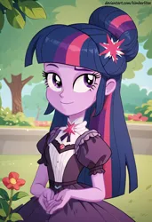 Size: 832x1216 | Tagged: safe, ai content, derpibooru import, machine learning generated, prompter:kimberlite, stable diffusion, twilight sparkle, human, equestria girls, g4, 19th century, clothes, dress, generator:pony diffusion v6 xl, image, noble, park, png