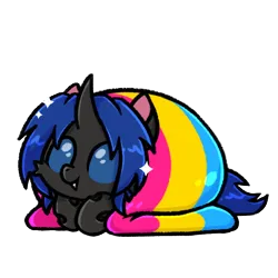 Size: 600x600 | Tagged: safe, artist:sugar morning, derpibooru import, oc, oc:swift dawn, unofficial characters only, changeling, blanket, blue changeling, blue eyes, changeling oc, commission, cute, cuteling, fangs, flag, happy, horn, image, looking at you, lying down, male, ocbetes, pansexual pride flag, png, pride, pride flag, prone, simple background, smiling, solo, transparent background, ych result