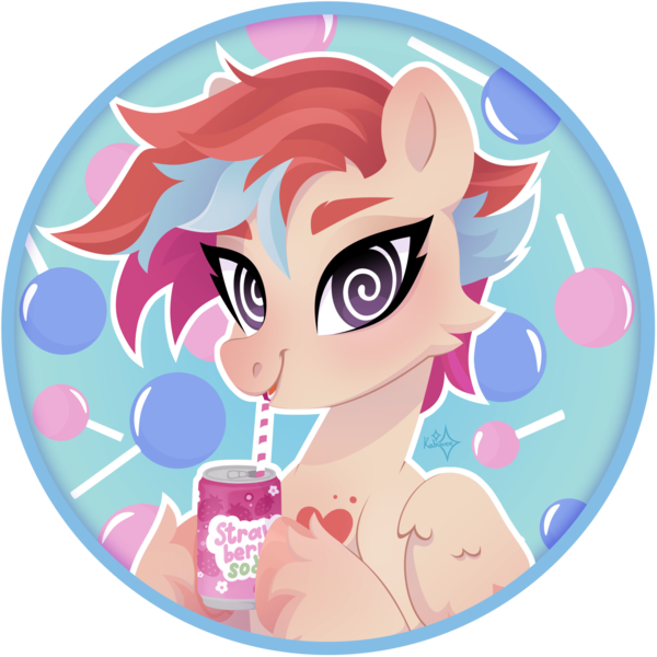 Size: 1920x1920 | Tagged: safe, artist:kabuvee, derpibooru import, oc, oc:cardia, unofficial characters only, pegasus, birthmark, candy, cheek fluff, commission, drink, food, gradient mane, hooves, icon, image, lollipop, no source available, pegasus oc, png, soda, soda can, swirly eyes, unshorn fetlocks, wings