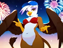 Size: 4096x3072 | Tagged: safe, ai content, derpibooru import, machine learning generated, stable diffusion, gilda, anthro, gryphon, g4, 4th of july, belly, belly button, bottomless, bra, clothes, cute, featureless crotch, female, fireworks, generator:pony diffusion v6 xl, generator:purplesmart.ai, gildadorable, hat, holiday, image, looking at you, pale belly, partial nudity, png, pose, prompter:rupert, smiling, solo, underwear, united states, white belly