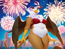 Size: 4096x3072 | Tagged: safe, ai content, derpibooru import, machine learning generated, stable diffusion, gilda, anthro, gryphon, g4, 4th of july, belly, belly button, bottomless, bra, chubby, clothes, cute, fat, featureless crotch, female, fireworks, generator:pony diffusion v6 xl, generator:purplesmart.ai, gildadorable, gildough, hat, holiday, image, looking at you, pale belly, partial nudity, plump, png, pose, prompter:rupert, smiling, solo, underwear, united states, white belly