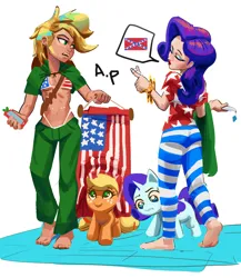 Size: 2160x2485 | Tagged: suggestive, artist:applephil, derpibooru import, applejack, rarity, earth pony, human, pony, unicorn, 4th of july, barefoot, feet, heel pop, holiday, horn, human ponidox, image, missing shoes, png, self paradox, self ponidox