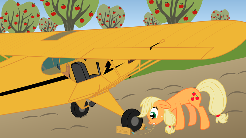 Size: 4000x2250 | Tagged: safe, artist:ifollowroads, derpibooru import, applejack, earth pony, pony, apple, apple tree, female, food, image, mare, mouth hold, plane, png, solo, sweet apple acres, tree, vehicle