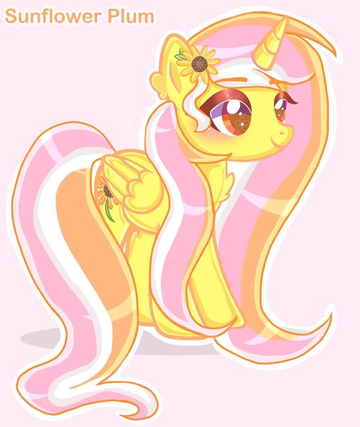 Size: 1181x1399 | Tagged: safe, artist:chalaea, oc, oc:sunflower plum, alicorn, alicorn oc, flower, horn, image, jpeg, long mane, long tail, neopolitan, simple background, sunflower, text, white background, wingding eyes, wings