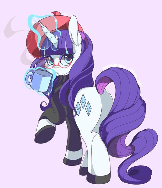 Size: 798x924 | Tagged: safe, artist:sethisto, beret, french rarity, hat, image, jpeg, levitation, looking at you, looking back, looking back at you, magic, mug, simple background, telekinesis, watermark