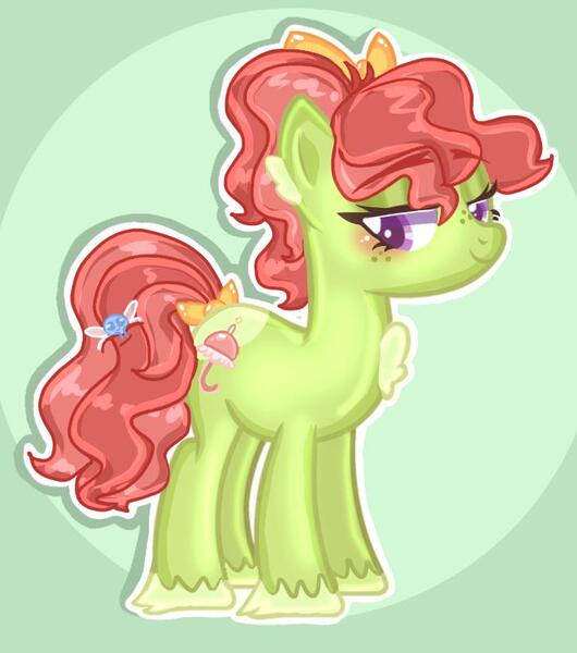 Size: 725x820 | Tagged: safe, artist:chalaea, parasol, oc, oc:lolli parasol, earth pony, parasprite, bow, bow on dock, freckles, image, jpeg, looking at you, red mane, simple background, unshorn fetlocks