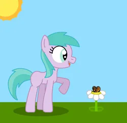 Size: 965x938 | Tagged: safe, artist:maddiewondermanforever36, derpibooru import, butterfly, earth pony, insect, pony, g4, adult blank flank, aura (g4), aurabetes, blank flank, cute, daisy (flower), female, flower, image, mare, monarch butterfly, older, older aura (g4), png, raised hoof, raised leg, shadow, sun, talking